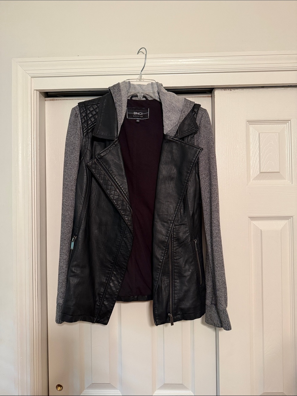 BONGO Women's Black Faux Leather Moto Jacket with Gray Knit Sleeves & Hood